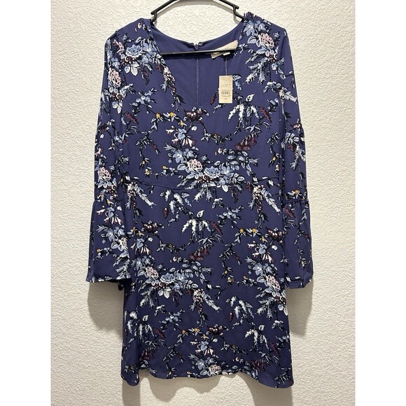 Ann Taylor Loft Purple Frosted Branch Floral V-Neck Bell Sleeve Dress Womens 6P - Picture 1 of 9